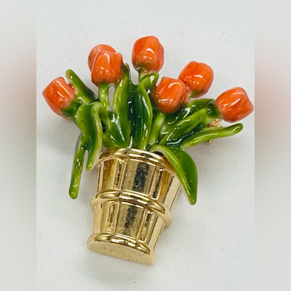 Enamel Gold Tone Bucket Tulip Flower Bouquet Brooch Vintage